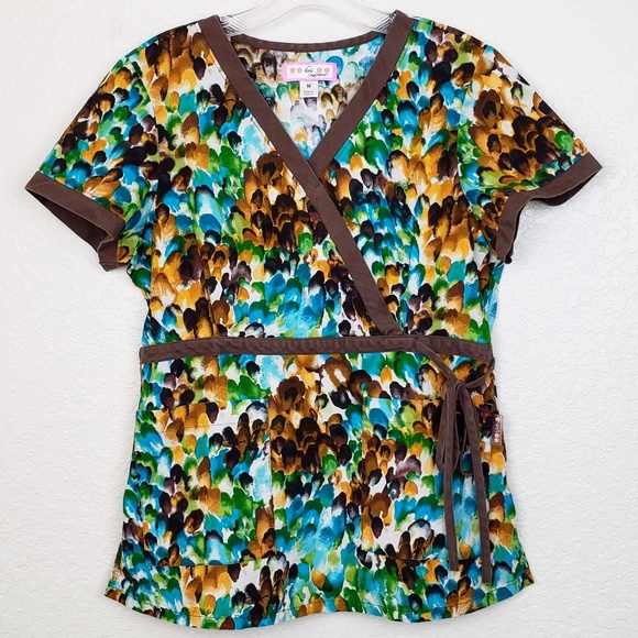 koi Tops - Koi by Kathy Peterson Watercolor Print Scrub Top Faux Mock Wrap 100% Cotton Med.